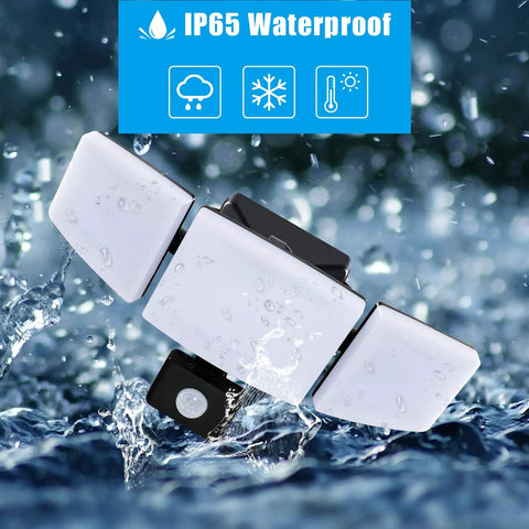 Plug In Outdoor Flood Light With Motion Sensor And Remote Control, showing IP65 waterproof feature over splashing water