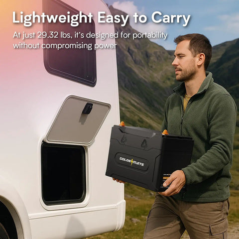 Man holding a 12V 100Ah LiFePO4 Battery with Bluetooth BMS IP67 waterproof next to an RV, highlighting its portability.