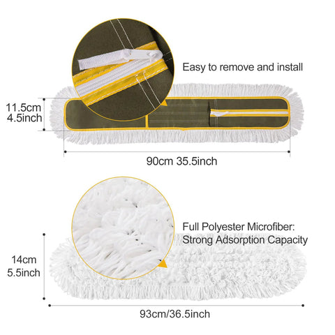 36 Inch Microfiber Mop Pads Two Pack For Commercial Dust Mop Replacement Fits 35.5 By 4.5 Inch Mop Heads Built To Last Durable Oxford And Polyester Yarn For Strong Absorbency And Tear Resistant Performance Green; dimensions and features displayed.