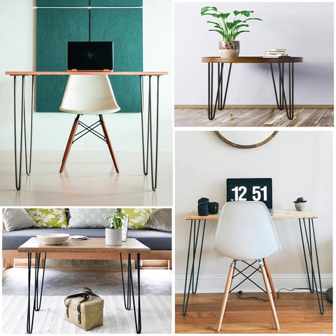 Collage showcasing 34 Inch Black Hairpin Table Legs Set Of 4 Heavy Duty 900 Lb Capacity With Rubber Floor Protectors in furniture setup