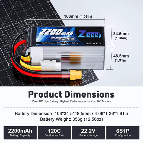 6S 2200mAh LiPo Battery 22.2V 120C High Discharge For RC Models Dual Pack With XT60 Connector, shown with dimensions