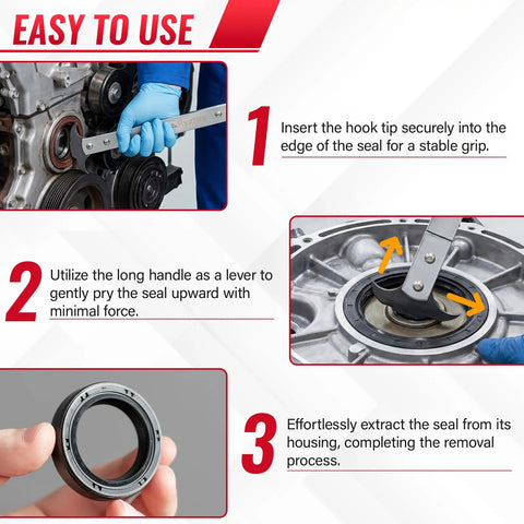 Dual Hook Oil Seal Puller And Oil Seal Removal Tool used for removing seal from engine, demonstrating non-slip handle grip.