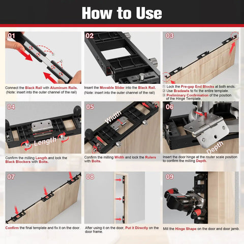 How to use the Straight Up Solid Door Hinge Template Kit With Modular Aluminum Rails, detailed step-by-step instructions.