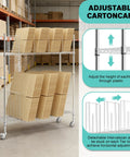 No Sweat Setup Heavy Duty Wire Cart Smooth Rolling 2 Tier Cardboard Box Storage Rack with adjustable height for organized storage.