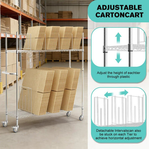 No Sweat Setup Heavy Duty Wire Cart Smooth Rolling 2 Tier Cardboard Box Storage Rack with adjustable height for organized storage.