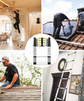 Four scenarios using an 8.5 Ft Aluminum Telescoping Ladder With Traceless Tube Design, Spring Loaded Locking, 330 Lb Capacity