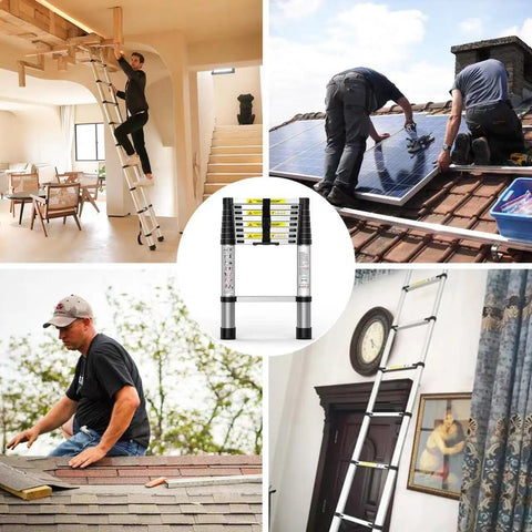 Four scenarios using an 8.5 Ft Aluminum Telescoping Ladder With Traceless Tube Design, Spring Loaded Locking, 330 Lb Capacity