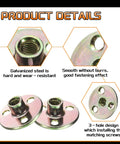 Four Pack M8 Thread Tee Nuts Crafted From Heavy Duty Zinc Plated Steel Hella Sturdy Round Hole Inserts close-up of galvanized steel design.
