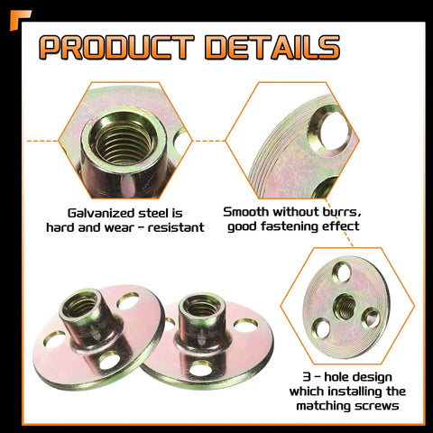 Four Pack M8 Thread Tee Nuts Crafted From Heavy Duty Zinc Plated Steel Hella Sturdy Round Hole Inserts close-up of galvanized steel design.