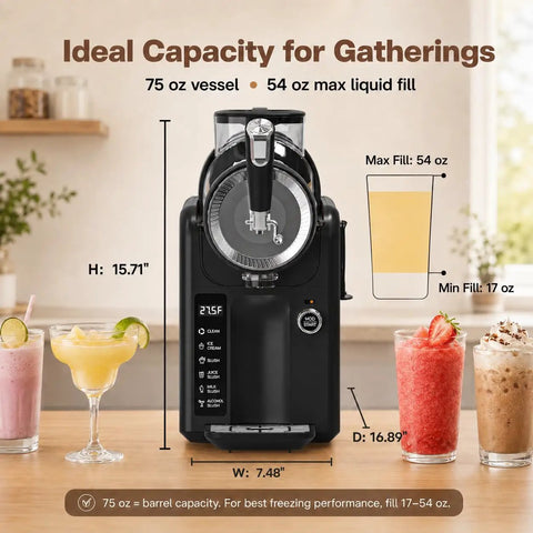 Smooth Operator Home Slushie And Soft Serve Ice Cream Maker With Zero Ice Needed Setup For Quick Frozen Sips And Creamy Blends, black countertop appliance with 75 oz vessel.