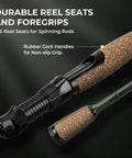 Close-up of Spartacus II Spinning Fishing Rod And Reel Combo showing durable reel seats and cork handle grip highlights.