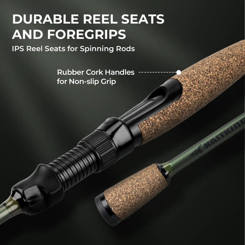 Close-up of Spartacus II Spinning Fishing Rod And Reel Combo showing durable reel seats and cork handle grip highlights.