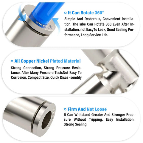Close-up of 1/4 Inch Push To Connect Tee And Straight Union Fittings Copper Nickel Plated for air tubing, highlighting rotation and material.