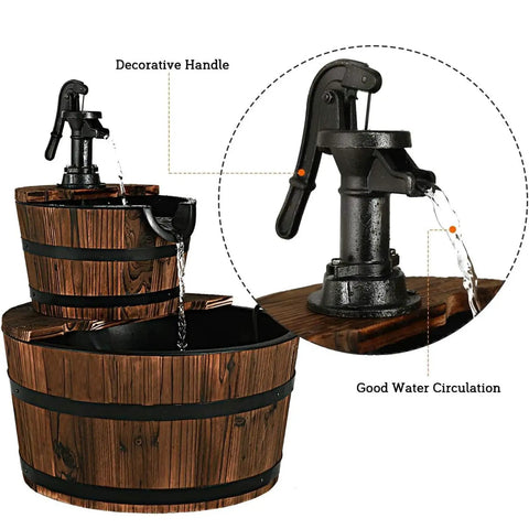 2 Tier Barrel Waterfall Outdoor Fountain With Electric Pump Rustic Wood Water Feature showing decorative handle.