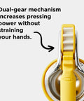 No Fuss Lemon Squeezer Citrus Juicer With Dual Gear Power Manual Hand Press showing dual-gear mechanism close-up.