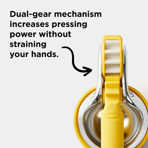 No Fuss Lemon Squeezer Citrus Juicer With Dual Gear Power Manual Hand Press showing dual-gear mechanism close-up.