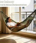 Man relaxing in breathable mesh hammock with nylon net for easy setup rope style hang loose outdoors 98 x 31.5 inches olive green