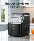 Quick Chill Countertop Nugget Ice Maker Churns Out Soft Chewable Pellet Ice In Eight Minutes with visible ice, sleek black design.