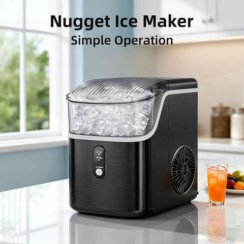 Quick Chill Countertop Nugget Ice Maker Churns Out Soft Chewable Pellet Ice In Eight Minutes with visible ice, sleek black design.