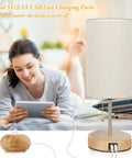 Two Pack Table Lamps With USB Ports For Living Room Bedroom Office Modern Bedside Nightstand Lamps Dope Cream Fabric Shade Oak Metal Base With Pull Chain For Reading Dorm Hotel