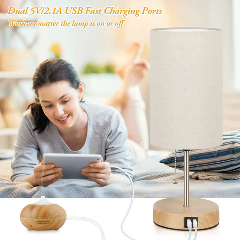 Two Pack Table Lamps With USB Ports For Living Room Bedroom Office Modern Bedside Nightstand Lamps Dope Cream Fabric Shade Oak Metal Base With Pull Chain For Reading Dorm Hotel