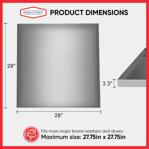 Built Tough Stainless Steel Washer Drain Pan Tray For No Fuss Leak Prevention And Spill Containment Under Washer Floor Protection 27x25x2.5 Inches Rust Resistant Rugged Laundry Appliance Shield shown with dimensions.