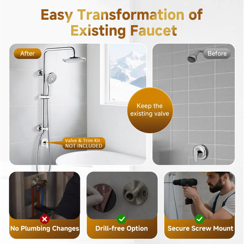 Rainfall Shower Head System With 9 Inch Rain Head And Handheld Height Adjustable Holder Solid Brass Rail in bathroom setup.