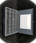 Phillips Pan Head Stainless Steel Machine Screws 3mm 4mm 5mm 6mm Assortment Kit in open metal tray with compartments and labels.