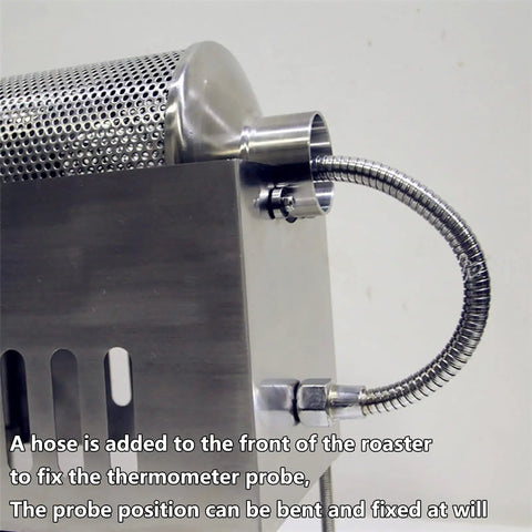 Built Tough Electric Coffee Bean Roaster Featuring Precision Thermometer Probe And Heavy Duty Stainless Steel Construction for flexible probe placement.
