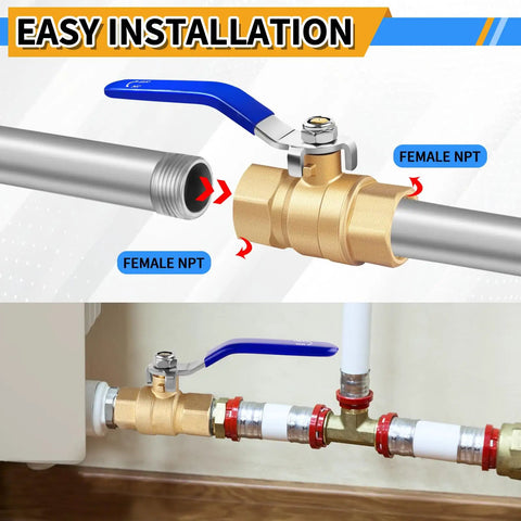 Easy installation of 1/2 Inch Brass Ball Valve Set Heavy Duty Full Port Forged Brass Shut Off Valves Female NPT To Female NPT Thread 2 Pack