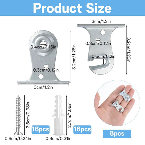 Metal Window Shade Brackets 8 Pieces Outside Mount Roller Shade Brackets with screws and sizes displayed.