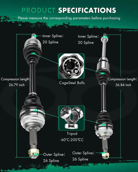 Product specifications for Heavy Duty Front Pair Cv Axle Shaft Assemblies Built To Handle The Road For Toyota Camry And Solara 1992 To 2001.