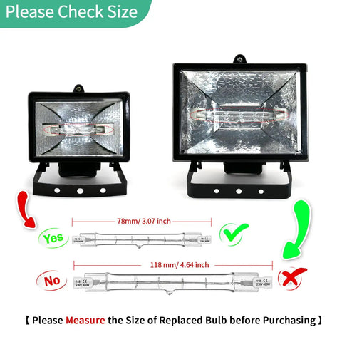 Comparison of 78mm and 118mm halogen bulbs with R7S 150W 120V Halogen Light Bulbs Double Ended T3 sizing guide.