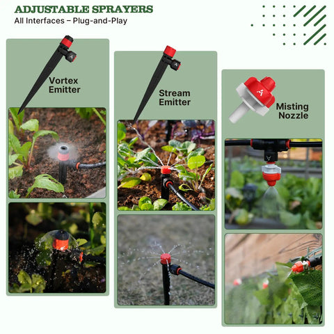 230-Foot All-In-One Drip Irrigation Kit With One Half Inch And One Quarter Inch Quick Connect Tubing, adjustable sprayers