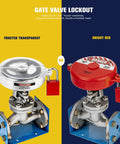 Comparison of frosted transparent vs bright red ABS gate valve lockouts with padlock for 2.5-5 inch handles, OSHA compliant.