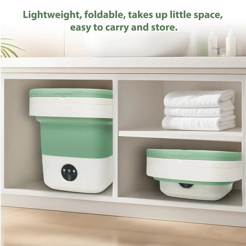 Nifty Portable Washer Compact Foldable With Quick Spin Mode And Three Clean Settings, stored in a bathroom cabinet.