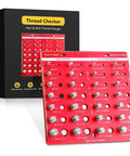 Front view: Bolt and nut thread gauge board in red with 14 metric and 14 standard sizes; black packaging box in background.