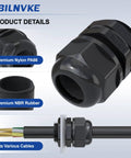 Six Pack Three Quarter Inch NPT Cable Glands IP68 Waterproof Nylon PA66 With Sealing Gaskets For Indoor And Outdoor Enclosures High Quality Industrial Grade Build UL Listed, black cable gland detail