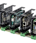 Rugged Beefed Up DIN Rail Mount Bracket For Raspberry Pi And Arduino BeagleBone Black Industrial Rail Adapter Compatible With Pi 1 A Plus 1 B Plus 2 B 3 B Plus 4 B Pi Zero Pi Zero W Pi 5 Arduino Uno Mega Mkr. black aluminum DIN rail bracket holding Raspberry Pi and Arduino boards