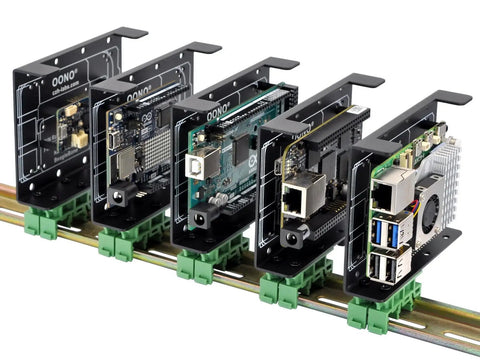 Rugged Beefed Up DIN Rail Mount Bracket For Raspberry Pi And Arduino BeagleBone Black Industrial Rail Adapter Compatible With Pi 1 A Plus 1 B Plus 2 B 3 B Plus 4 B Pi Zero Pi Zero W Pi 5 Arduino Uno Mega Mkr. black aluminum DIN rail bracket holding Raspberry Pi and Arduino boards