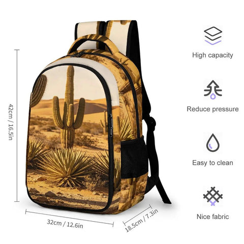 Warm Sand Dune Desert Flora Printed Unisex Backpack with large capacity, showing breathable polyester and smooth zipper, ideal for any adventure.