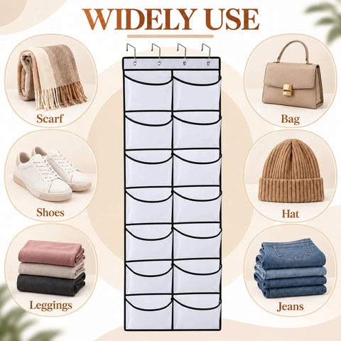 Over The Door Pocket Organizer With 12 Roomy Mesh Pockets And Heavy Duty Hooks Stores Hoodies Shoes Keeps Your Room Clean Without The Hassle Maxes Out Your Storage Game A Slick Space Saving Setup - Displaying 12 mesh pockets for scarves, shoes, bags, hats, leggings, and jeans.