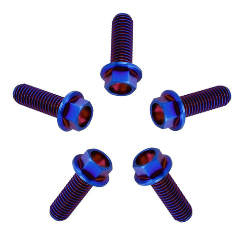 Five burnt-blue titanium flanged hex bolts, M8x1.25x20mm, 6AL4V aerospace grade
