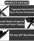 Upgraded 4x16 Garden Auger Drill Bit with spiral tip and double blades for 3/8 inch hex drive, detailed product descriptions