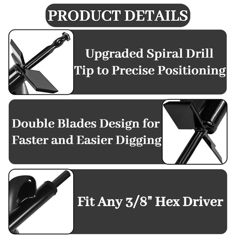 Upgraded 4x16 Garden Auger Drill Bit with spiral tip and double blades for 3/8 inch hex drive, detailed product descriptions