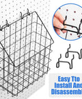Two Pegboard Baskets Set With Hooks Large 12.4x7.5x12.8 Inches And Medium 11x5x12.6 Inches Includes Four 2 Inch Hooks For Garage Or Workshop Organization Black, shown installed on a pegboard with hooks detail.