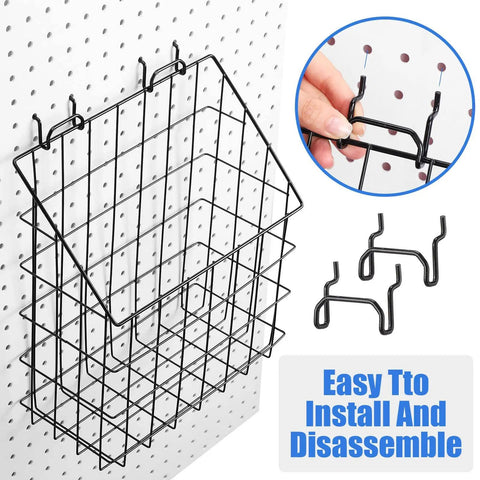Two Pegboard Baskets Set With Hooks Large 12.4x7.5x12.8 Inches And Medium 11x5x12.6 Inches Includes Four 2 Inch Hooks For Garage Or Workshop Organization Black, shown installed on a pegboard with hooks detail.