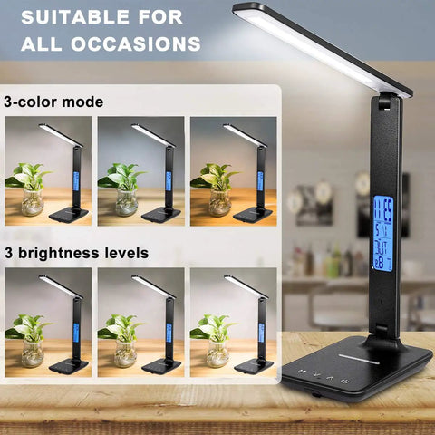 All In One LED Desk Lamp With Wireless Charger For Home Or Office Dimmable Reading Light USB Port Built In Clock Calendar