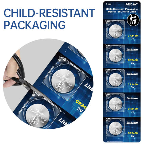 Hella Reliable 20 Pack CR2450 3V Lithium Coin Batteries in child-resistant packaging with scissors shown for opening.