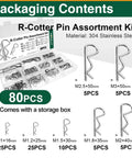 Packaging of 80 Piece Cotter Pin And R Clips Assortment Kit In Seven Sizes With Stainless Steel 304 R Clips And Hitch Pin Clips